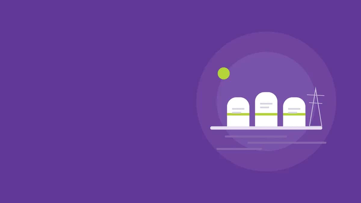 Illustration of three small modular reactor buildings on a coastal headland next to the sea, with an electricity pylon, on a purple background